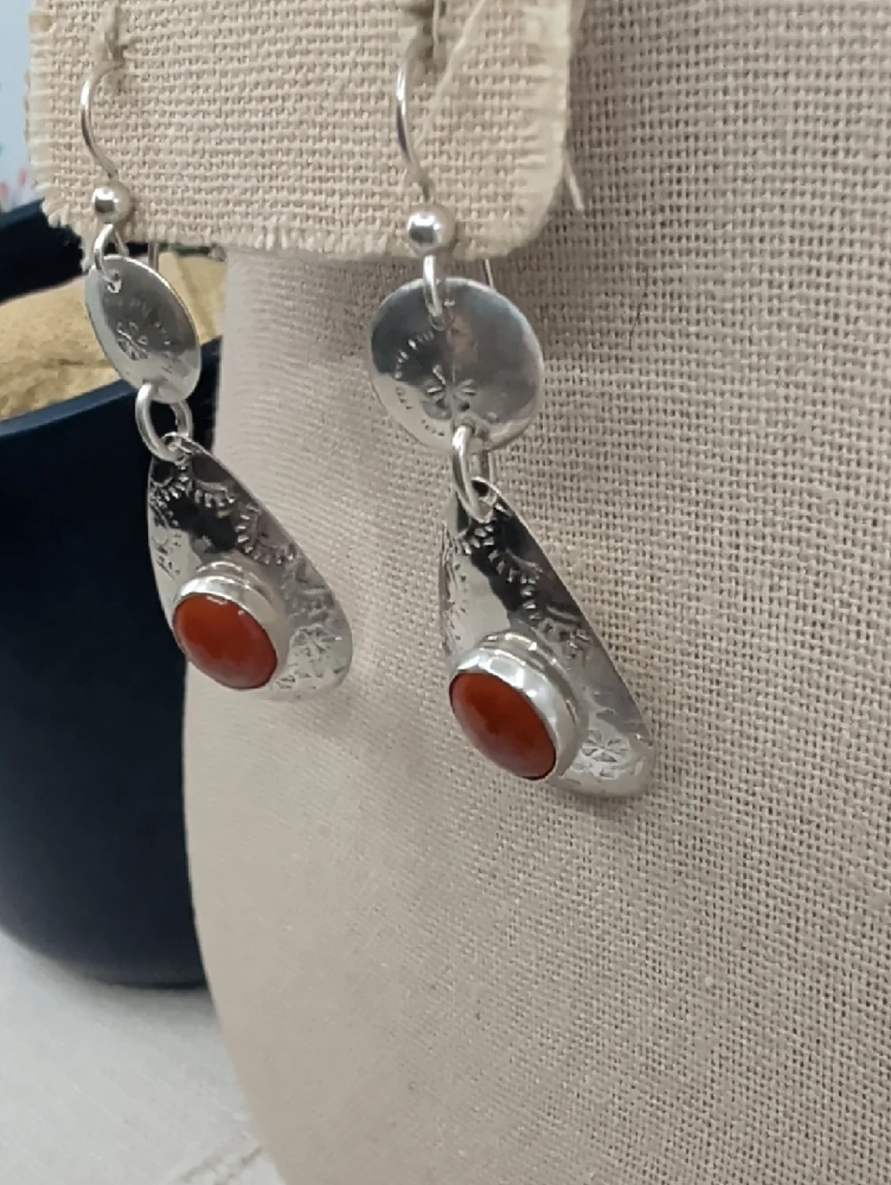 Vintage Sterling Silver Red Coral Cabochon Teardrop Dangle Earrings Artisan